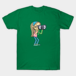 girl with a scarf in her hair looks carefully into the distance with binoculars T-Shirt